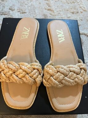 ZARA Braided Natural-Tone Slide Sandals - Beige